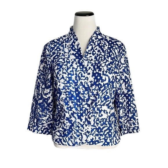 Chico's Women’s Cotton Eyelet Open Front Jacket Cardigan White/Blue Size L - Picture 1 of 13